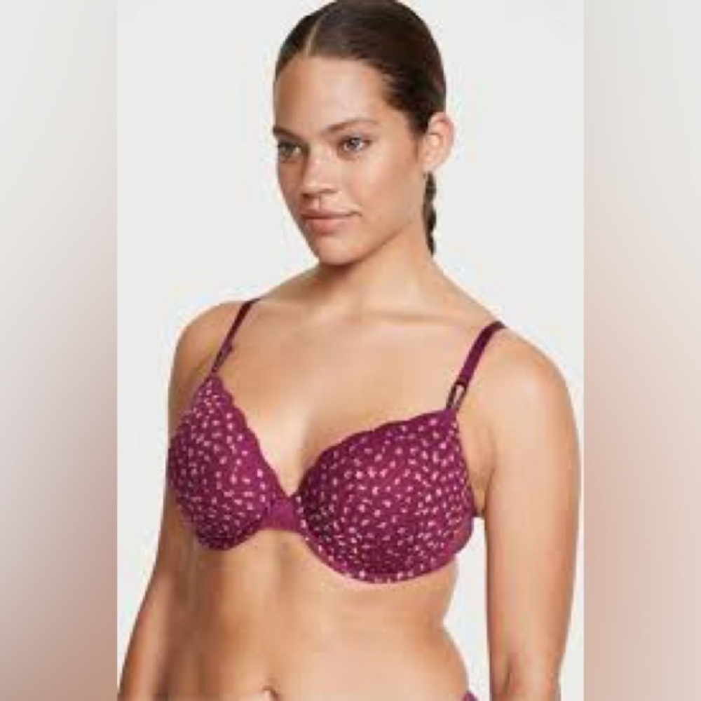 NWOT Victoria’s Secret maroon & gold leopard pattern unlined Demi bra, 36DDD.